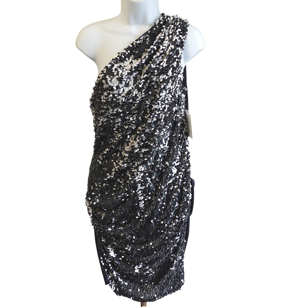 $169 Vtg Y2K Rachel Roy Black One Shoulder Sequin Ruched Cocktail Dress Size 10